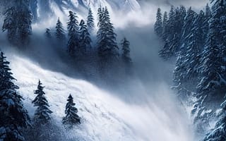 Картинка зима, зимние, время года, сезоны, сезонные, гора, лес, деревья, дерево, природа, ель, елка, ночь, лавина, AI Art, ИИ арт, цифровое, арт, сгенерированный, AI, ИИ
