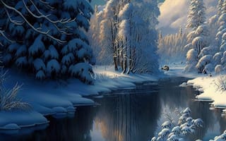 Картинка зима, зимние, время года, сезоны, сезонные, лес, деревья, дерево, природа, река, пейзаж, AI Art, ИИ арт, цифровое, арт, сгенерированный, AI, ИИ