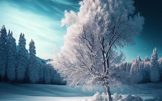 Картинка зима, зимние, время года, сезоны, сезонные, лес, деревья, дерево, природа, иней, изморозь, белый, снег, река, ночь, AI Art, ИИ арт, цифровое, арт, сгенерированный, AI, ИИ