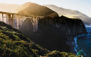 Картинка мост, природа, Биксби, Биксби-Крик, Калифорния, США, пейзаж, гора, вечер, закат, заход