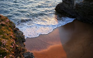 Картинка океан, море, вода, природа, берег, побережье, песок, песчаный, пляж, скала, волна, вечер, закат, заход