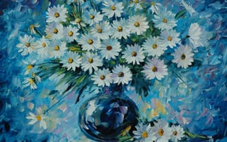 Картинка ромашки, цветы, ваза, букет, leonid afremov, живопись