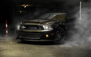 Картинка дым, sportcar, черный, mustang, gt500, полосы, авто, shelby, ford