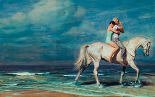 Картинка женщина, мужчина, берег, tom lovell, двое, конь, вода