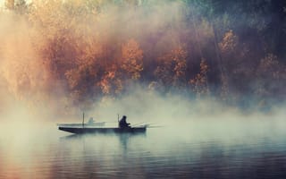 Картинка природа, озеро, лодка, рыбалка, деревья