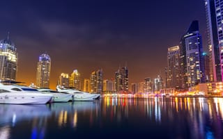 Картинка Дубай, Объединённые, Города, ОАЭ, ночи, Небоскребы, Ночные, Арабские, Эмираты, ночью, город, Ночь, Яхта