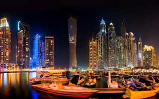 Картинка Дубай, Объединённые, ночью, ночи, Лодки, Ночные, Ночь, Эмираты, Города, ОАЭ, Небоскребы, Арабские, город