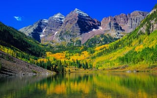 Картинка америка, Maroon, штаты, Bells, лес, Пейзаж, Леса, Colorado, гора, Природа, Озеро, Горы, США