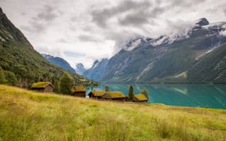 Картинка Норвегия, Lovatnet, Горы, Облака, Природа, гора, облачно, облако, Озеро, Lake