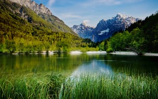 Картинка Словения, Lake, Пейзаж, гора, Природа, Трава, траве, Озеро, Горы, Jasna