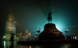 Картинка Киев, Украина, Города, ночи, ночью, Памятники, Ночь, фонари, Ночные, город, Уличные, Дождь