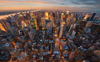 Картинка Нью-Йорк, Манхэттен, мегаполиса, Мегаполис, город, америка, Города, Небоскребы, Дома, США, штаты, Вечер, Здания, Сверху