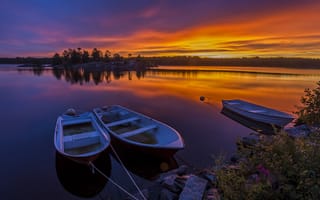 Картинка Швеция, Природа, закаты, Рассветы, Озеро, рассвет, Лодки, закат