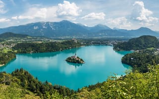 Картинка Словения, Bled, Горы, Пейзаж, Остров, Озеро, Природа