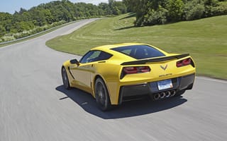 Картинка Chevrolet, Corvette, сзади, скорость, автомобиль, Желтый, машина, Stingray, машины, Автомобили, едущий, вид, Дороги, едущая, c7, Сзади, желтые, авто, желтых, желтая, Шевроле, едет, Движение