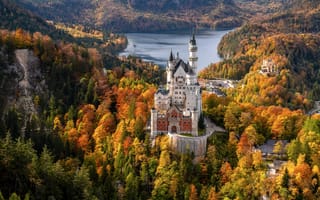 Картинка Бавария, Нойшванштайн, лес, Германия, Замки, Леса, башни, замок, Осень, Природа, Озеро, осенние, Schwansee, Башня