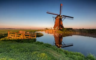 Картинка голландия, ветряная, Нидерланды, мельница, Природа, Мельница, канал, мельницы, Водный, Alblasserwaard, Утро