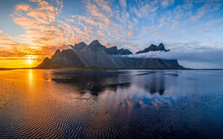 Картинка Исландия, панорамная, Природа, закат, Vestrahorn, Пейзаж, Горы, гора, Рассветы, Море, Панорама, закаты, рассвет