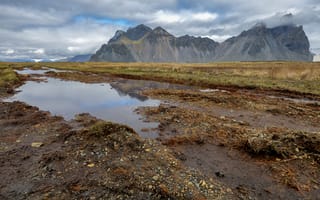 Картинка Исландия, Vestrahorn, гора, облачно, Облака, облако, Природа, Горы