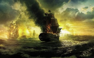 Картинка корабли, море, чёрная жемчужина, паруса, на странных берегах, облака, огонь, пираты карибского моря, волны