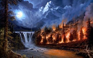 Картинка лес, стихия, водопад, jesse barnes, пейзаж, пожар, река, арт, пожар в лесу, огонь, молния