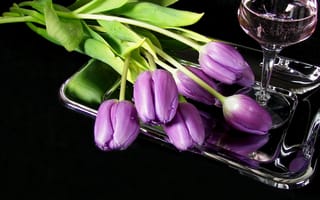 Картинка тюльпаны, бокал, поднос, вино, цветы