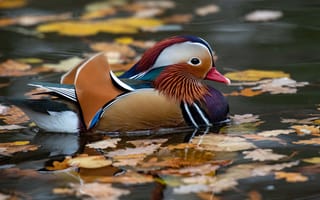 Картинка осень, листва, птица, пруд, утка, мандаринка