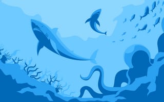 Картинка осьминог, акула, океан, минимализм, синий