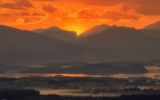 Картинка Шотландия, Природа, Туман, Горы, Закат