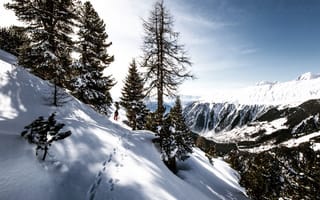 Картинка Природа, Горы, Следы, Снег, Лыжник