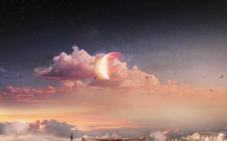 Картинка Звездное Небо, Человек, Одинокий, Облака, Сюрреализм, Арт, Лодка