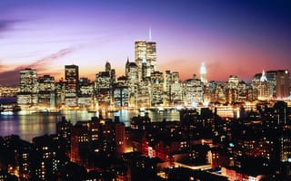 Картинка manhattan, world trade center, wtc, нью-йорк, втц, башни-близнецы, город, new york, небоскребы, twin towers, огни, ночь, река, манхэттен