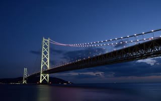 Картинка япония, ночь, подсветка, огни, мост, закат, море, пролив