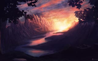 Картинка рисунок, замок, арт, красивые, река, закат