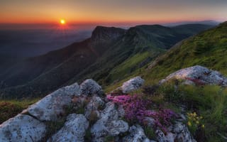 Картинка Стара планина, восход, пейзаж, лес, цветы, скалы, деревья, природа, горы, небо, солнце, облака, Балканские горы, Болгария