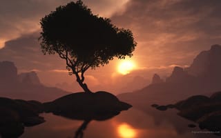 Картинка солнце, горы, дерево