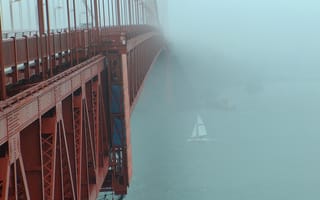 Картинка мост, туман, красный, парусник