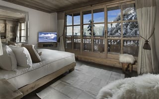 Картинка вид, Альпы, окно, Франция, гостиница, шторы, постель, комната, мебель