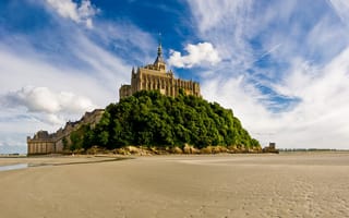 Картинка Нормандия, песок, красота, зелень, остров, небо, Франция, замок