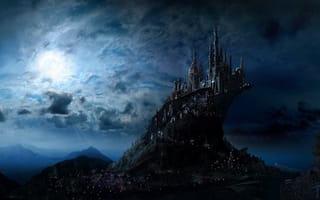 Картинка фэнтези, замок, город, fantasy, небо, замки, луна, арт, свет, ночь