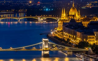 Картинка Венгрия, огни, Budapest, река, фонари, мосты, ночь