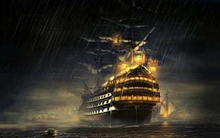 Картинка парусник, корабль, вечер, арт, дождь