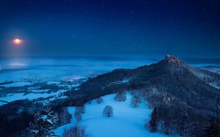Картинка Гогенцоллерн замок, зима, ночь, замок, Баден-Вюртемберг, холм, снег, Германия, лес, Гогенцоллернов
