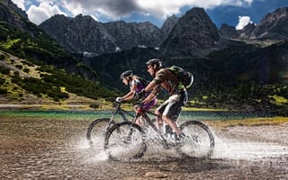 Картинка alps, water, cyclists, mountain