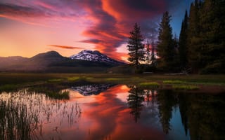Картинка природа, лес, отражение, закат, озеро, горы, США