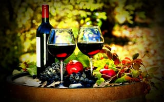 Картинка Бесплатно картинки листья, виноград, бутылка, осень на экран вашего рабочего стола, на рабочий стол, бочка, вино, бокалы, гранаты, красное