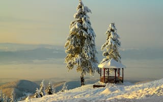 Картинка природа, беседка, зима, горы, красиво