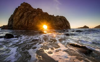 Картинка океан, солнце, скалы, закат, Калифорния, природа