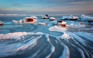 Картинка застывшее море, горизонт, снег, Aivars, лед, камни