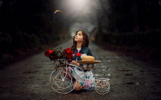 Картинка marhraoui, ребёнок, дорога, девочка, цветы, велосипед, лист, кашпо, шляпка